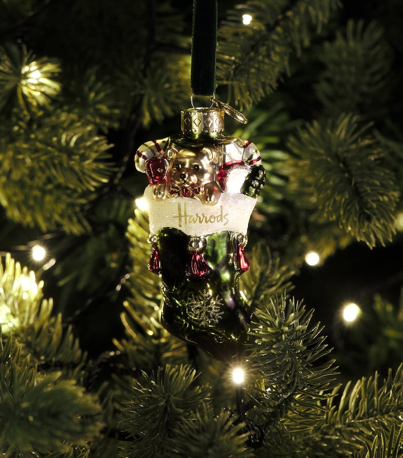 Harrods stocking tree decoration with glitter and lacquer, imported from the UK