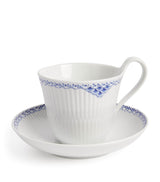 Harrods Porcelain Teacup and Saucer Set with Blue Lace-Effect Border, 250ml Capacity- Buy online at McGrocer