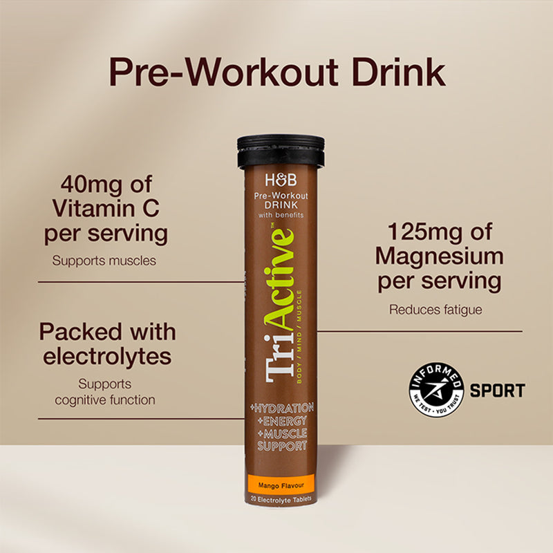 TriActive pre-workout electrolyte tablets mango 20 tablets, imported from the UK