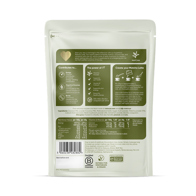 Naturya Matcha Superfood Latte Powder 200g, imported from the UK