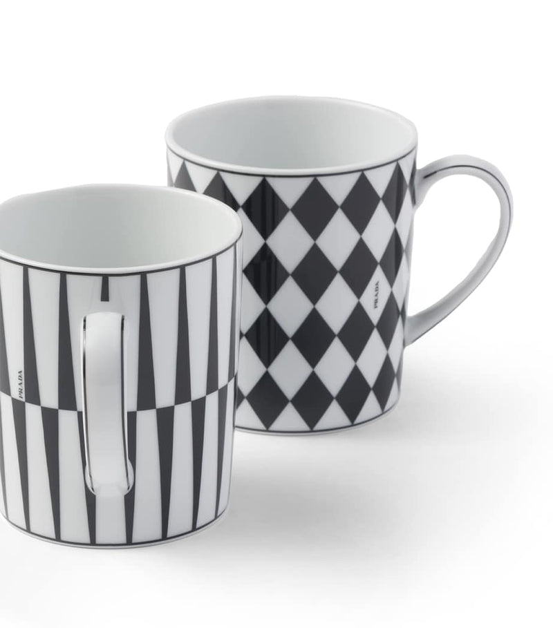 Prada porcelain mugs checkerboard and stripes set of 2, imported from the UK