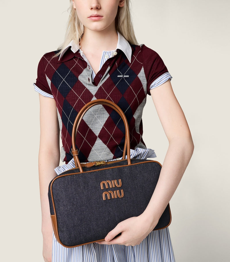 Miu Miu Beau denim top-handle bag with calf leather trims (British brand)