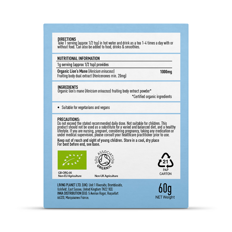 Mushrooms For Life Lion's Mane powder 60g, imported from the UK