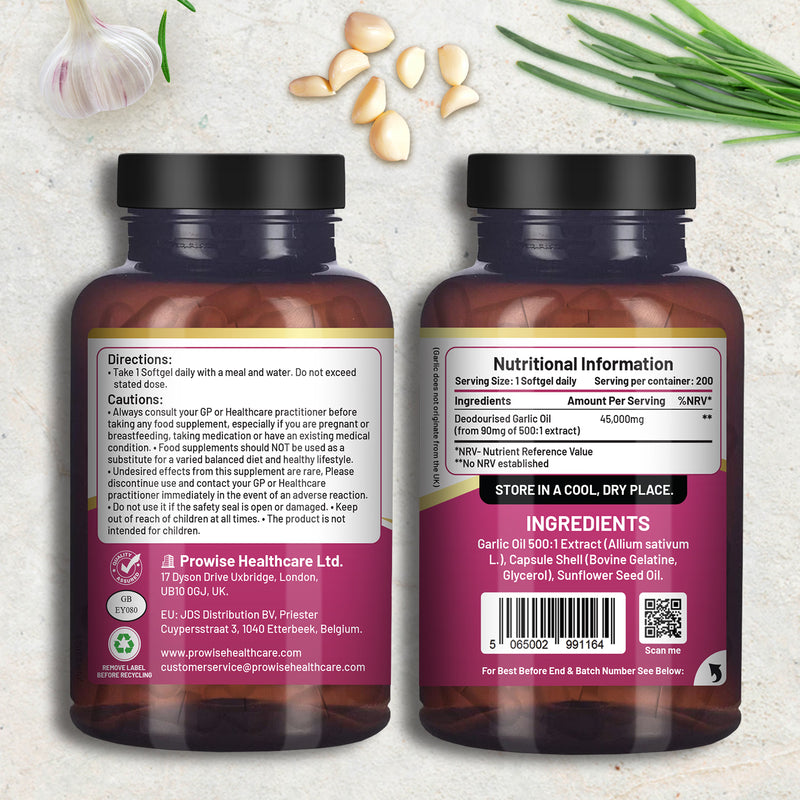 Prowise Healthcare garlic capsules odourless high strength 45,000mg 200 softgels, UK version