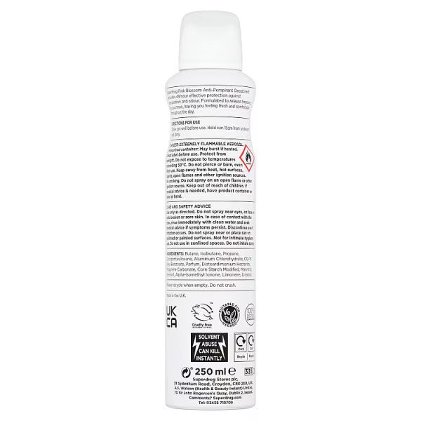 Superdrug women's pink antiperspirant spray 250ml (British brand)