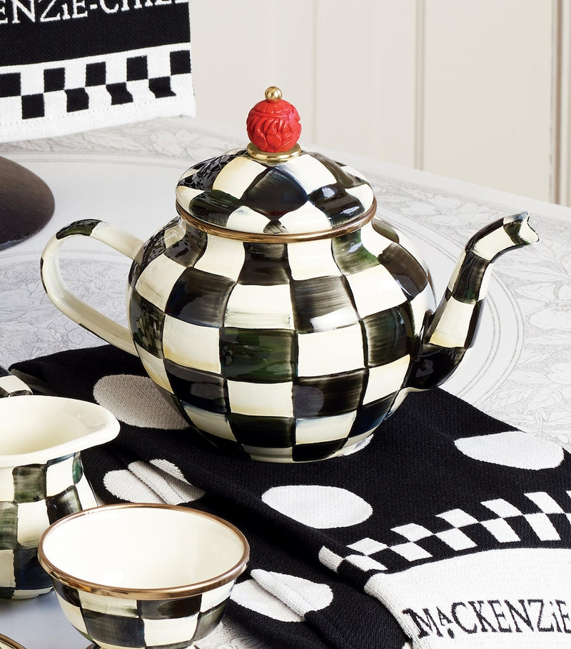 MacKenzie-Childs Courtly Check teapot with hand-painted black and white pattern, 950ml, imported from the UK
