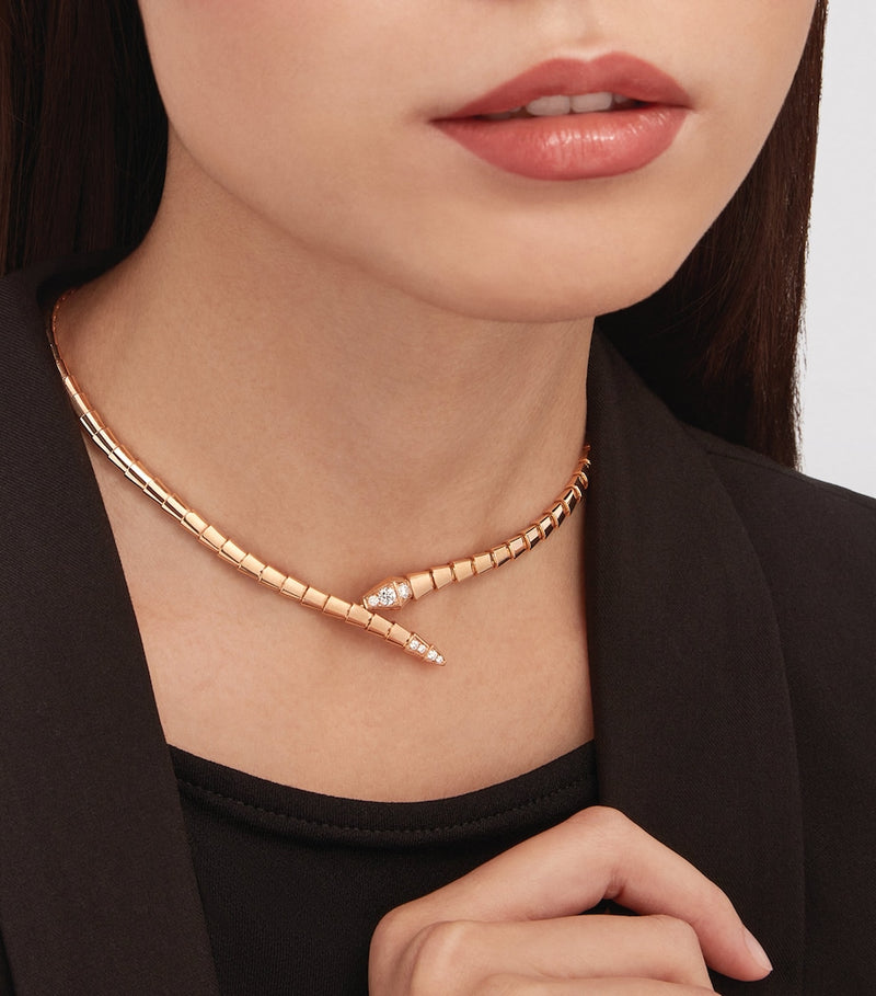 Bvlgari Serpenti Viper necklace in rose gold with diamonds (British brand)