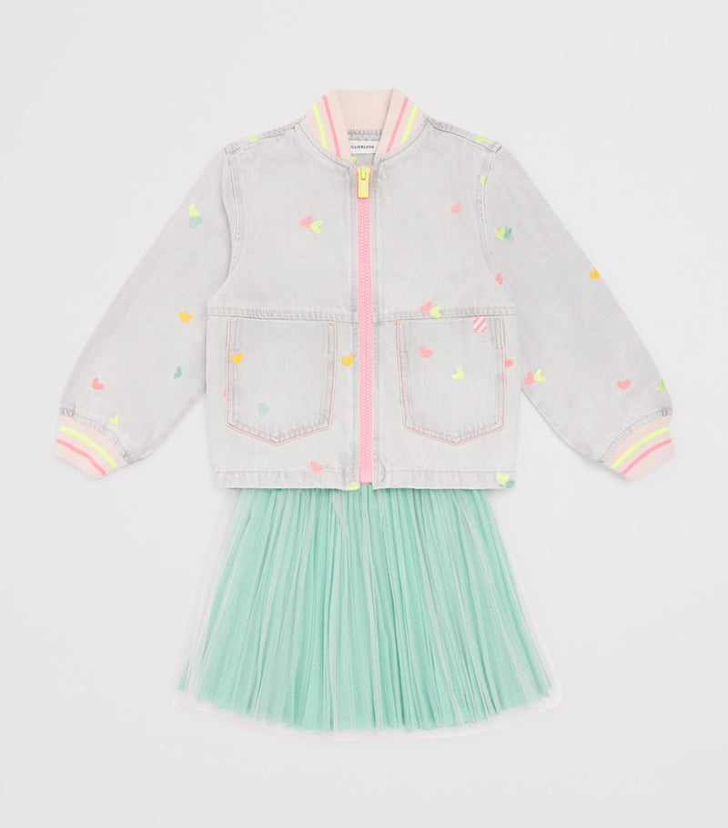 Billieblush denim embroidered jacket with hearts and neon trim for children ages 2-10 years - British product