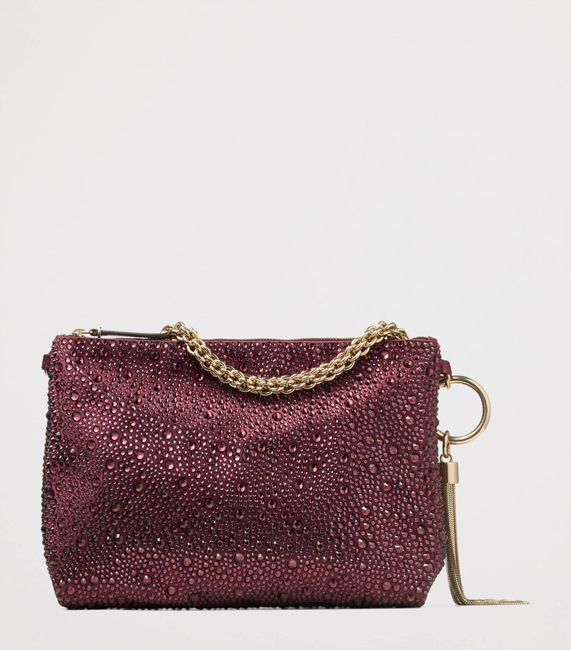 Jimmy Choo crystal-embellished satin clutch bag, imported from the UK