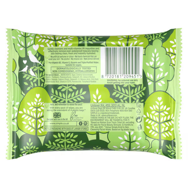 Simple biodegradable face wipes 50 wipes (British brand)