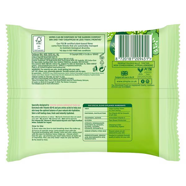 Simple biodegradable face wipes 50 wipes (British brand)
