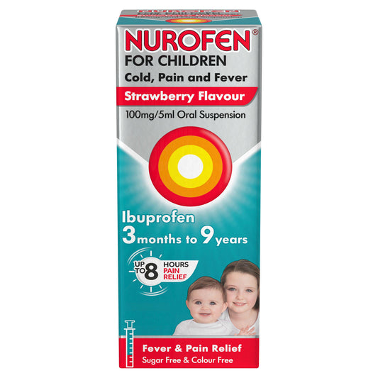 Nurofen for Children Ibuprofen Cold Pain & Fever Relief Strawberry Suspension 100ml
