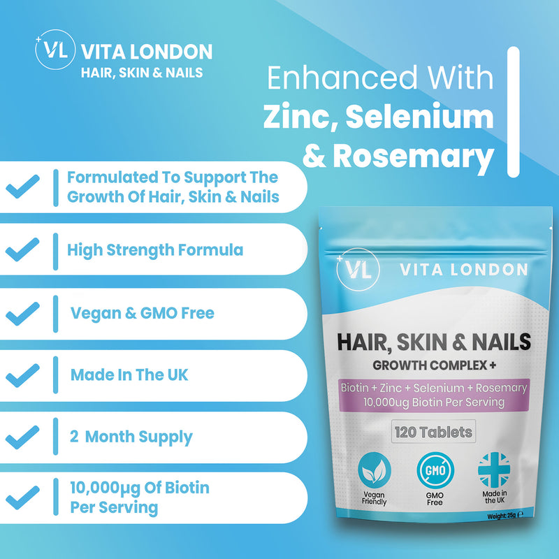 Vita London Hair Skin Nails Growth Complex 120 tablets, imported from the UK