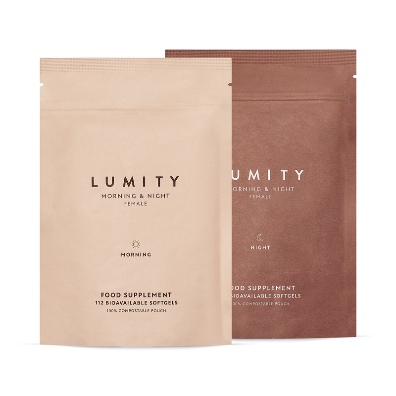 Lumity Female Morning & Night supplement refill pouches 28 day, imported from the UK