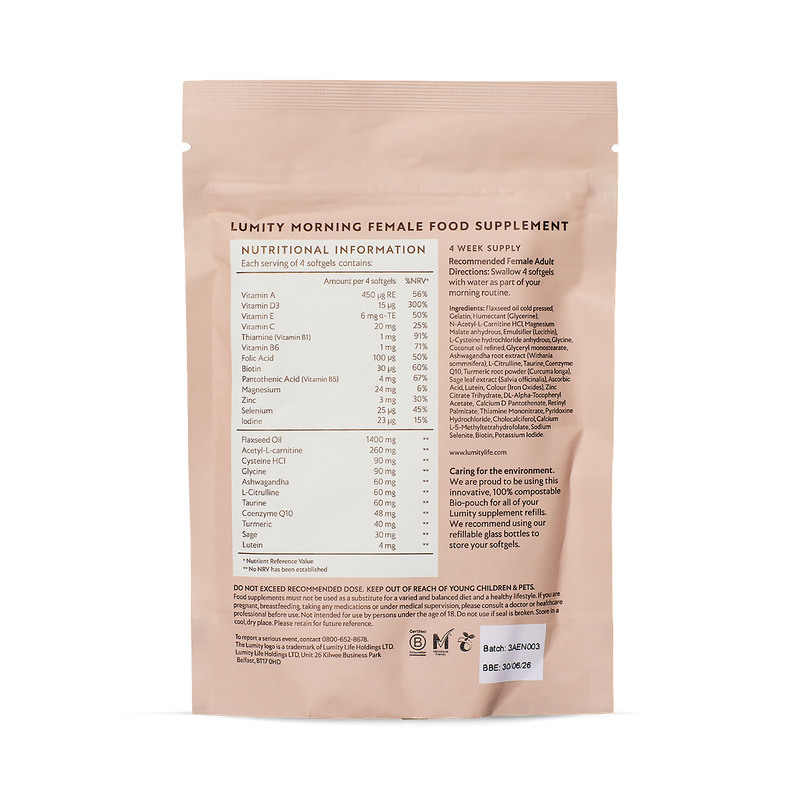Lumity Female Morning & Night supplement refill pouches 28 day, imported from the UK