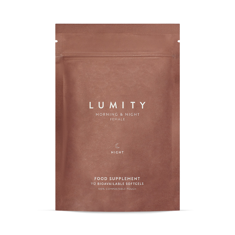 Lumity Female Morning & Night supplement refill pouches 28 day, imported from the UK