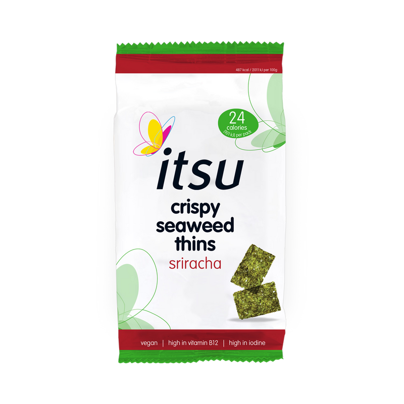 Itsu Sriracha Crispy Seaweed Thins 5g, imported from the UK