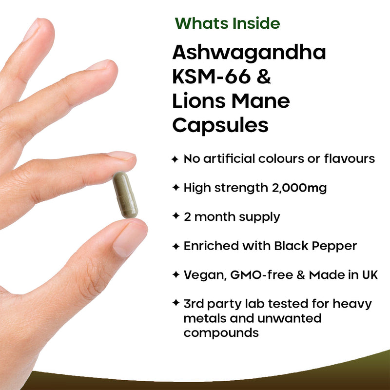 New Leaf Ashwagandha and Lion's Mane supplement 120 capsules (British brand)