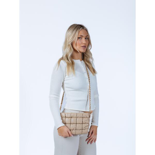 SVNX quilted satchel bag with gold chain, imported from the UK