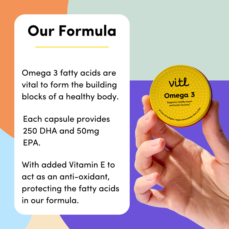 Vitl Omega 3 supplement Pocket Pack 30 softgels - British product