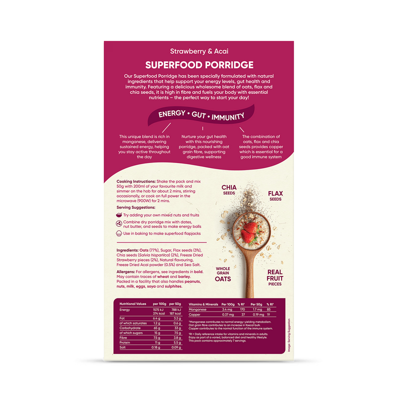 Naturya porridge Strawberry & Acai 375g, imported from the UK