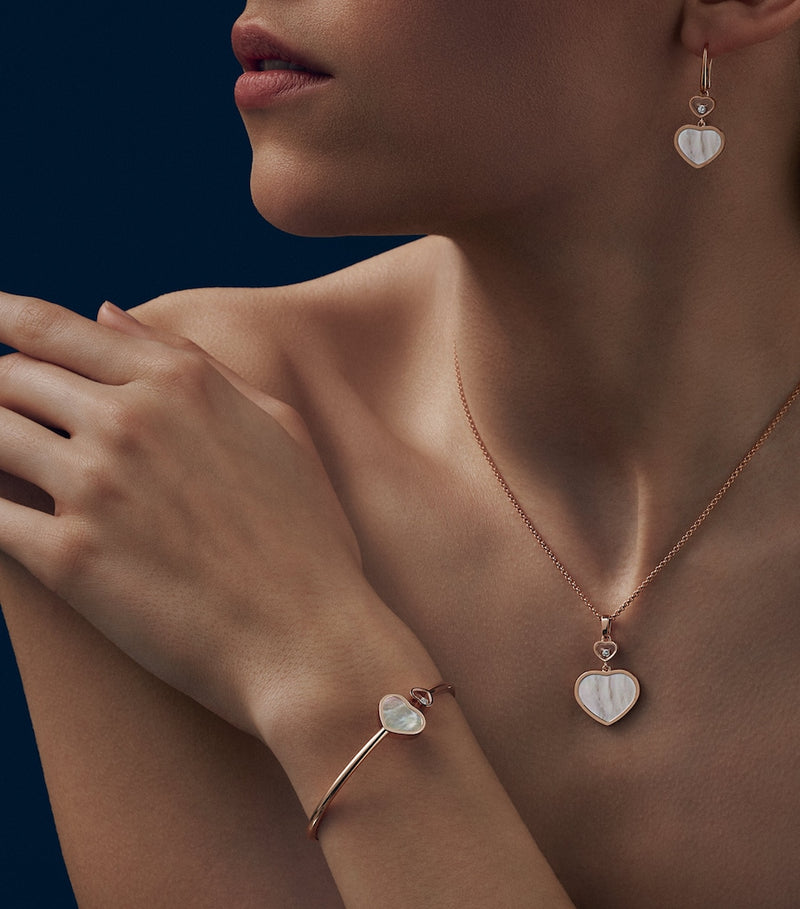 Chopard Happy Hearts drop earrings in rose gold with mother-of-pearl and diamond, UK version