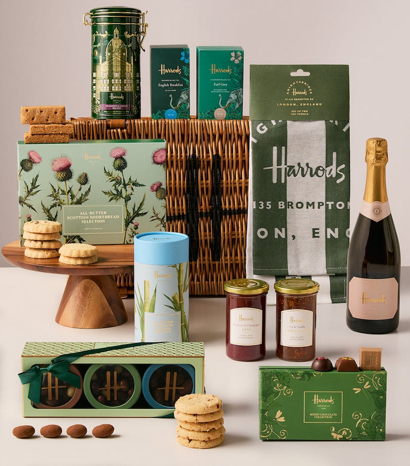 Harrods Housewarming Hamper with tea, coffee, chocolate, and Champagne, UK version