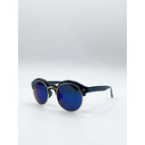 SVNX schwarze runde Sonnenbrille mit blauen Revo-Gläsern und Golddetail, importiert aus dem Vereinigten Königreich
