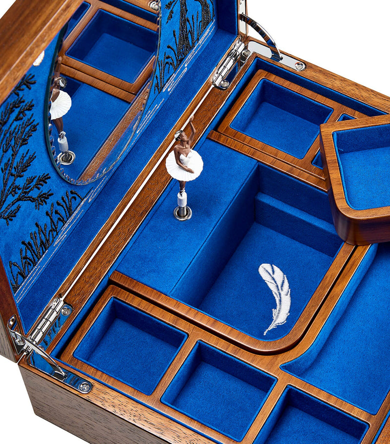 WOLF ballet musical jewellery box with Swan Lake music and embroidered theatre design (British brand)