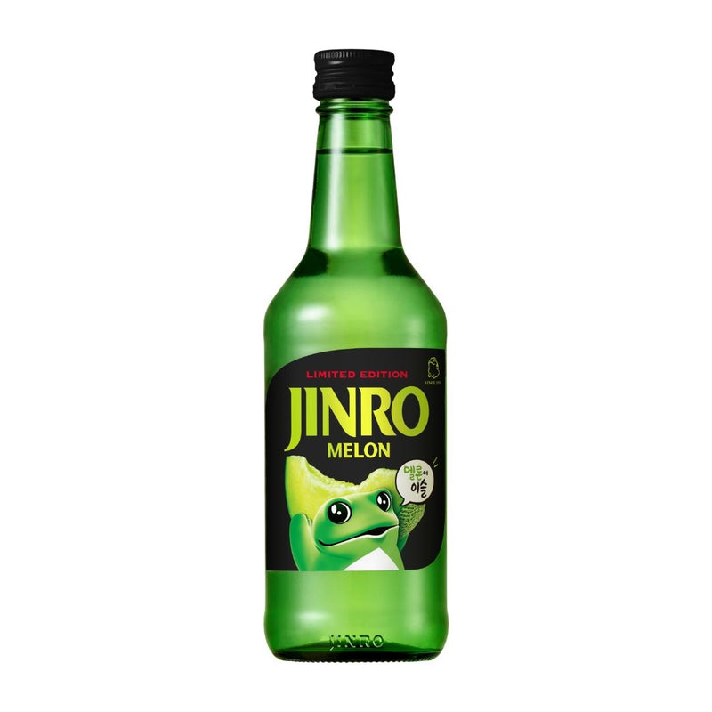 Jinro melon soju 13% ABV spirit bottle, UK version