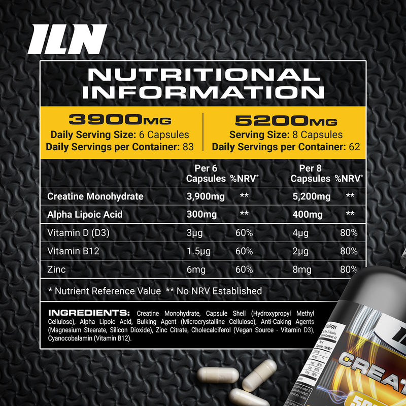 Creatine capsules 5200mg 500 vegan capsules, imported from the UK