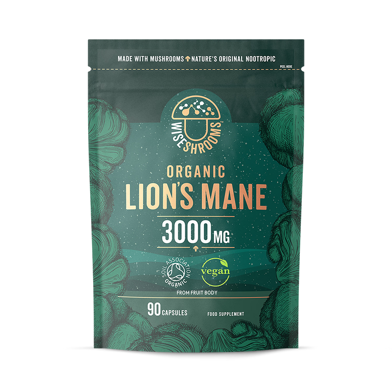 Wiseshrooms Organic Lions Mane 3000mg capsules, 90 count, UK version
