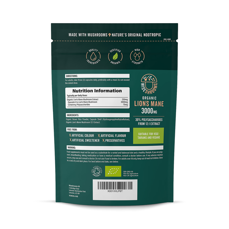 Wiseshrooms Organic Lions Mane 3000mg capsules, 90 count, UK version