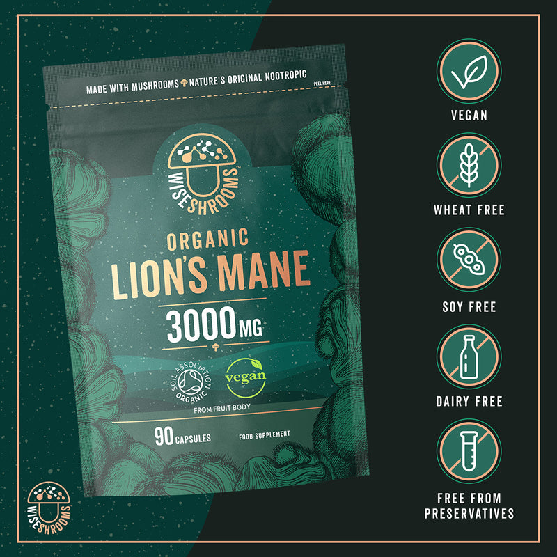 Wiseshrooms Organic Lions Mane 3000mg capsules, 90 count, UK version