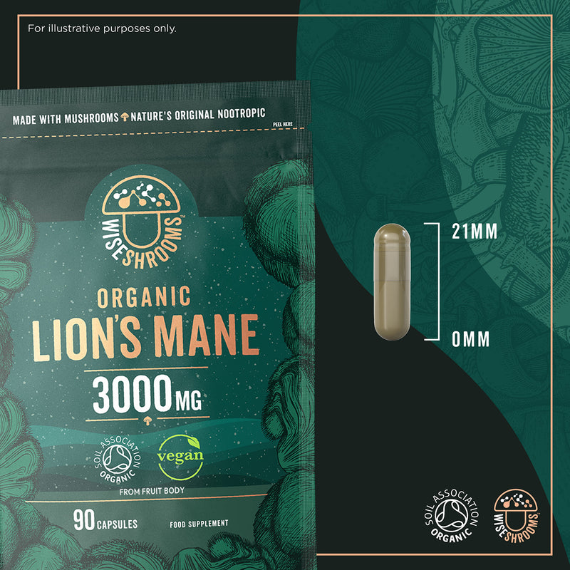 Wiseshrooms Organic Lions Mane 3000mg capsules, 90 count, UK version