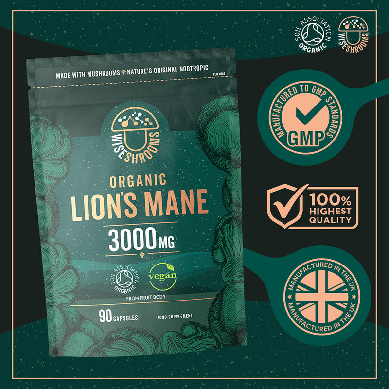 Wiseshrooms Organic Lions Mane 3000mg capsules, 90 count, UK version