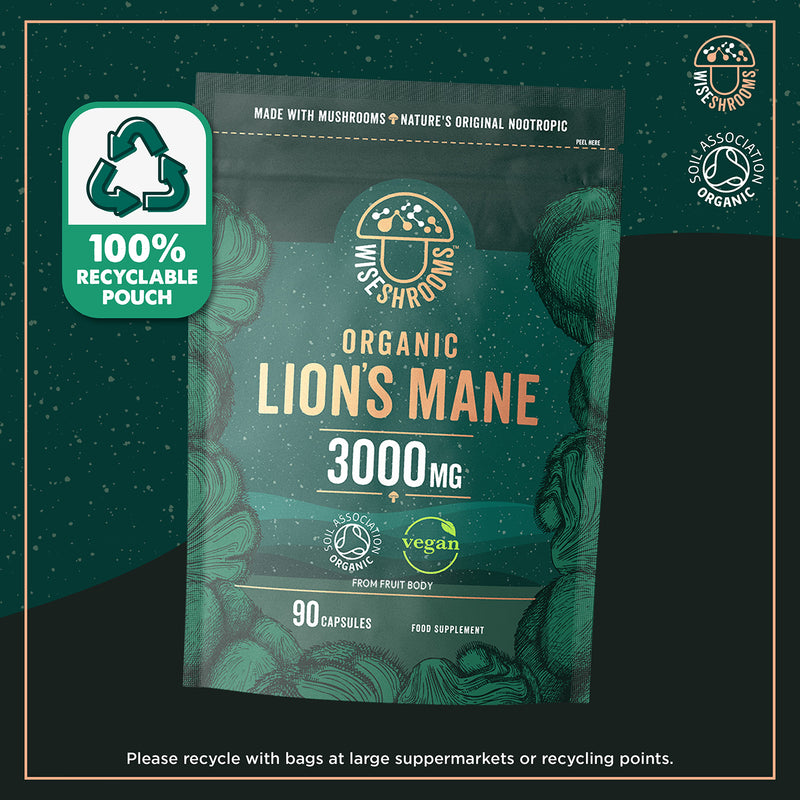 Wiseshrooms Organic Lions Mane 3000mg capsules, 90 count, UK version