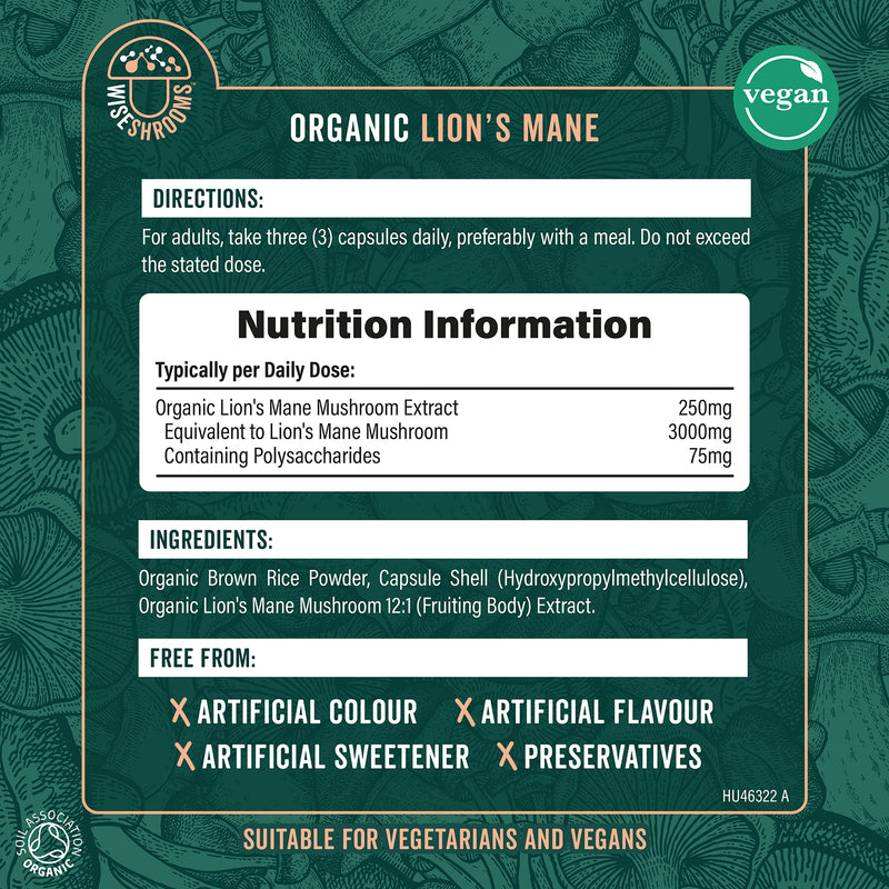 Wiseshrooms Organic Lions Mane 3000mg capsules, 90 count, UK version