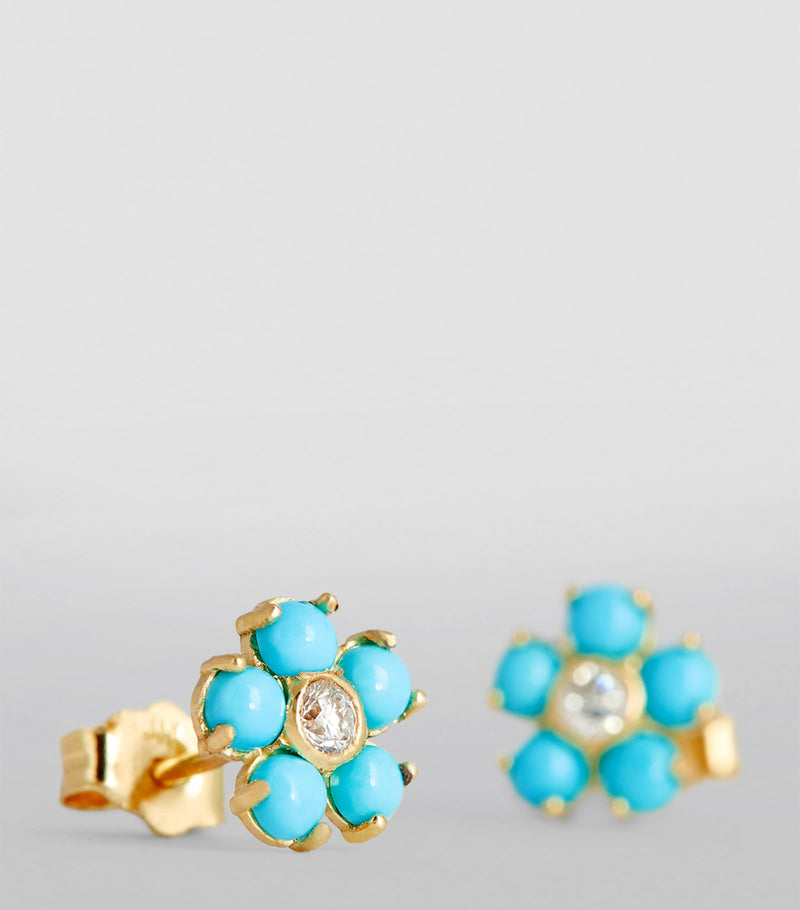 Jennifer Meyer flower stud earrings yellow gold diamond turquoise 5mm - British product
