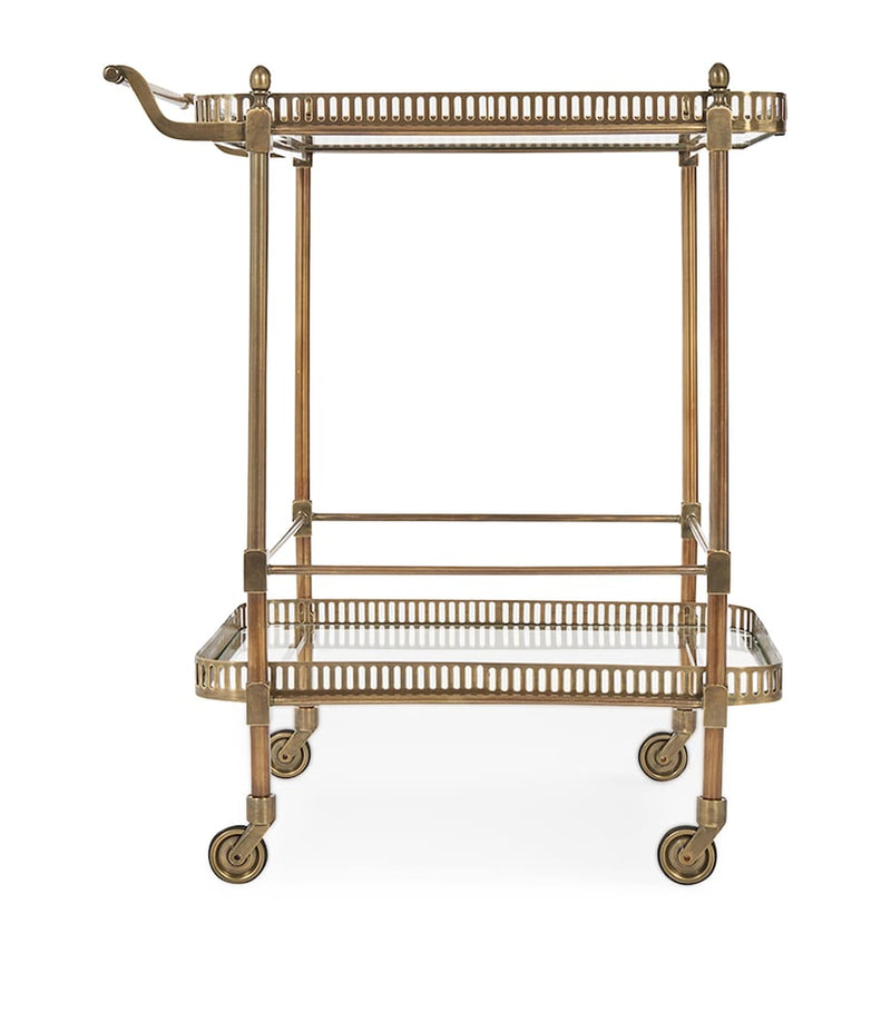Soho Home drinks trolley with four wheels and two glass shelves (British brand)