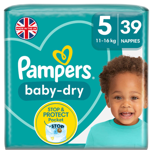 Pampers Baby-Dry Size 5, 39 Nappies, 11-16kg, Essential Pack nappies Sainsburys   