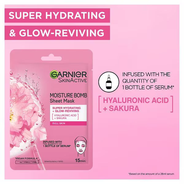 Garnier Moisture Bomb Sakura Hyaluronic Acid Sheet Mask 28g, UK version