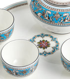 Wedgwood Florentine Turquoise bone china tea set with teapot and bowls (British brand)
