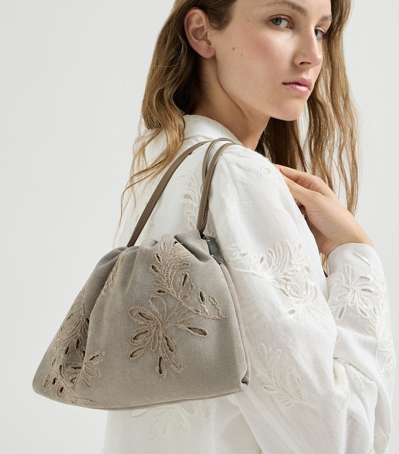 Brunello Cucinelli suede shoulder bag with embroidered flowers (British brand)