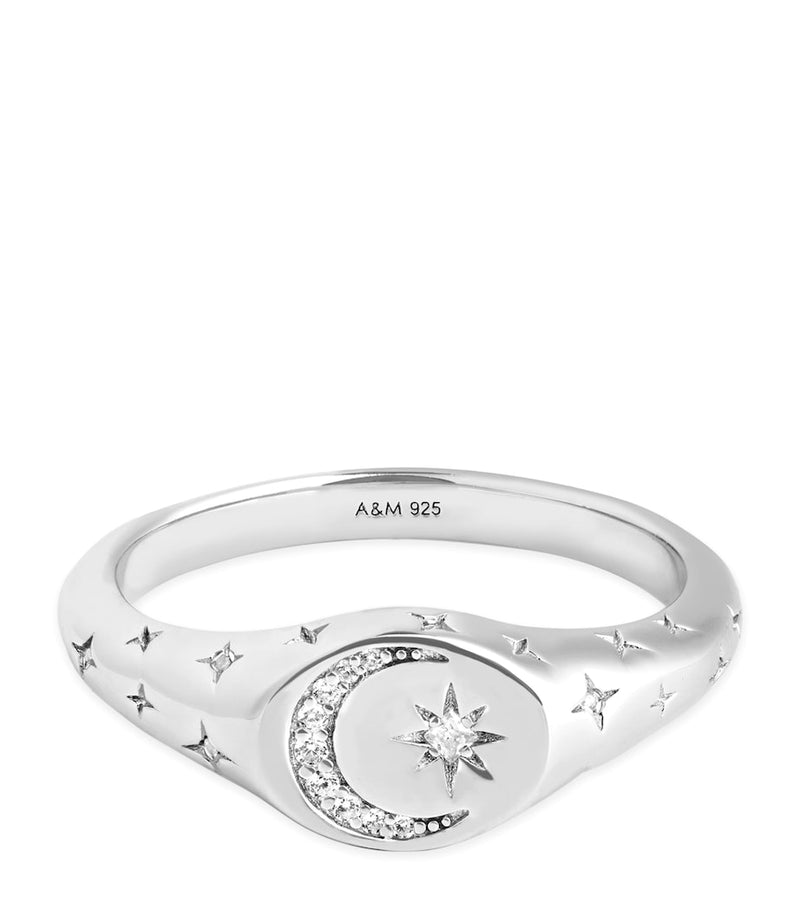 Astrid & Miyu rhodium-plated sterling silver cubic zirconia signet ring (British brand)