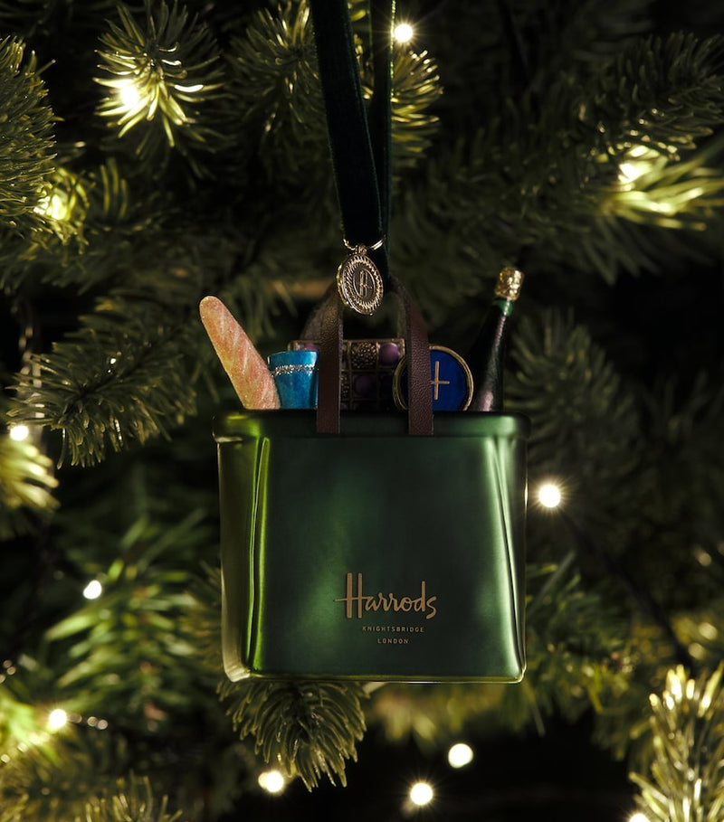 Harrods shopper tree decoration in green and gold - British product