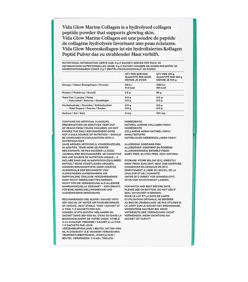 Vida Glow marine collagen supplement original unflavoured 30 x 3g sachets (British brand)