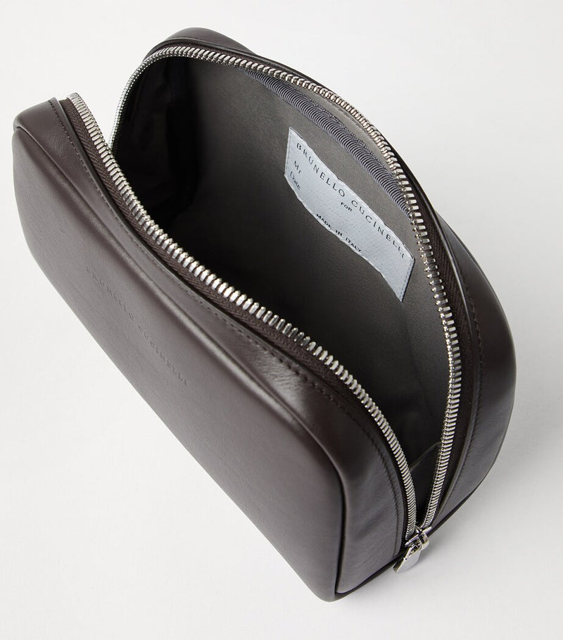 Brunello Cucinelli leather travel wash bag with water-resistant lining - British product