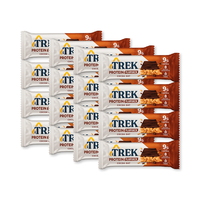 Trek cocoa oat protein flapjacks 16x50g, imported from the UK