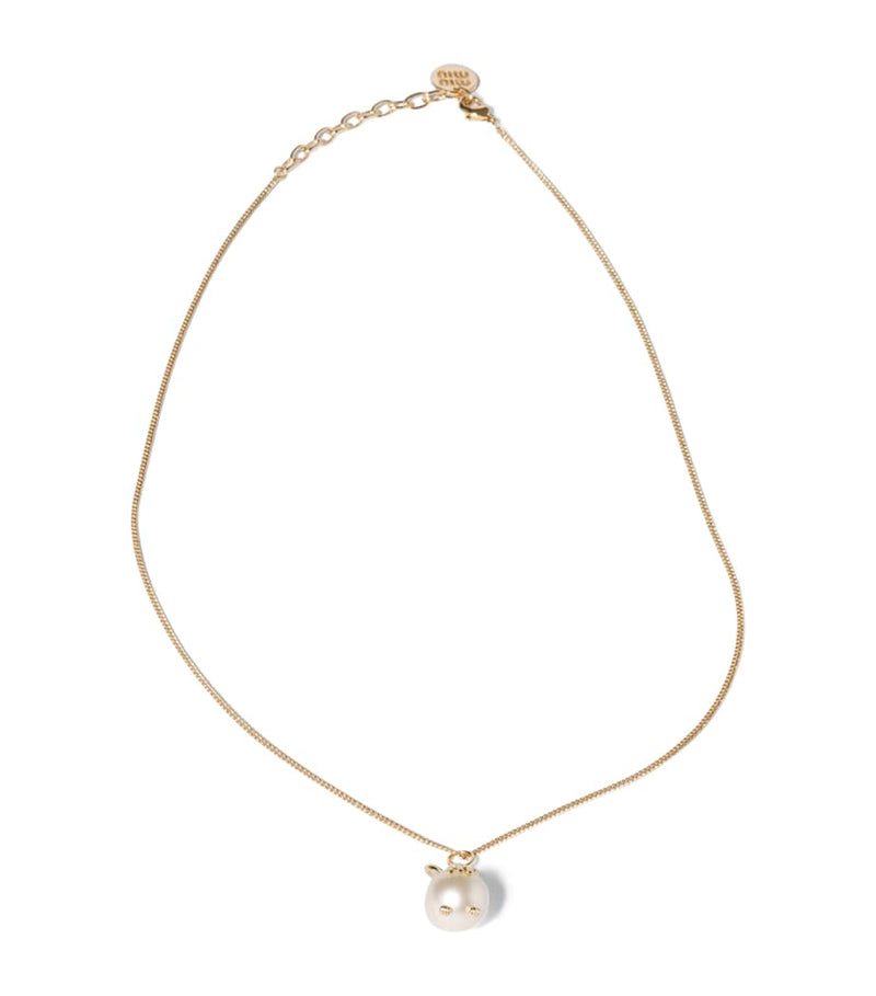 Miu Miu pearlised bunny pendant necklace gold-tone chain - British product